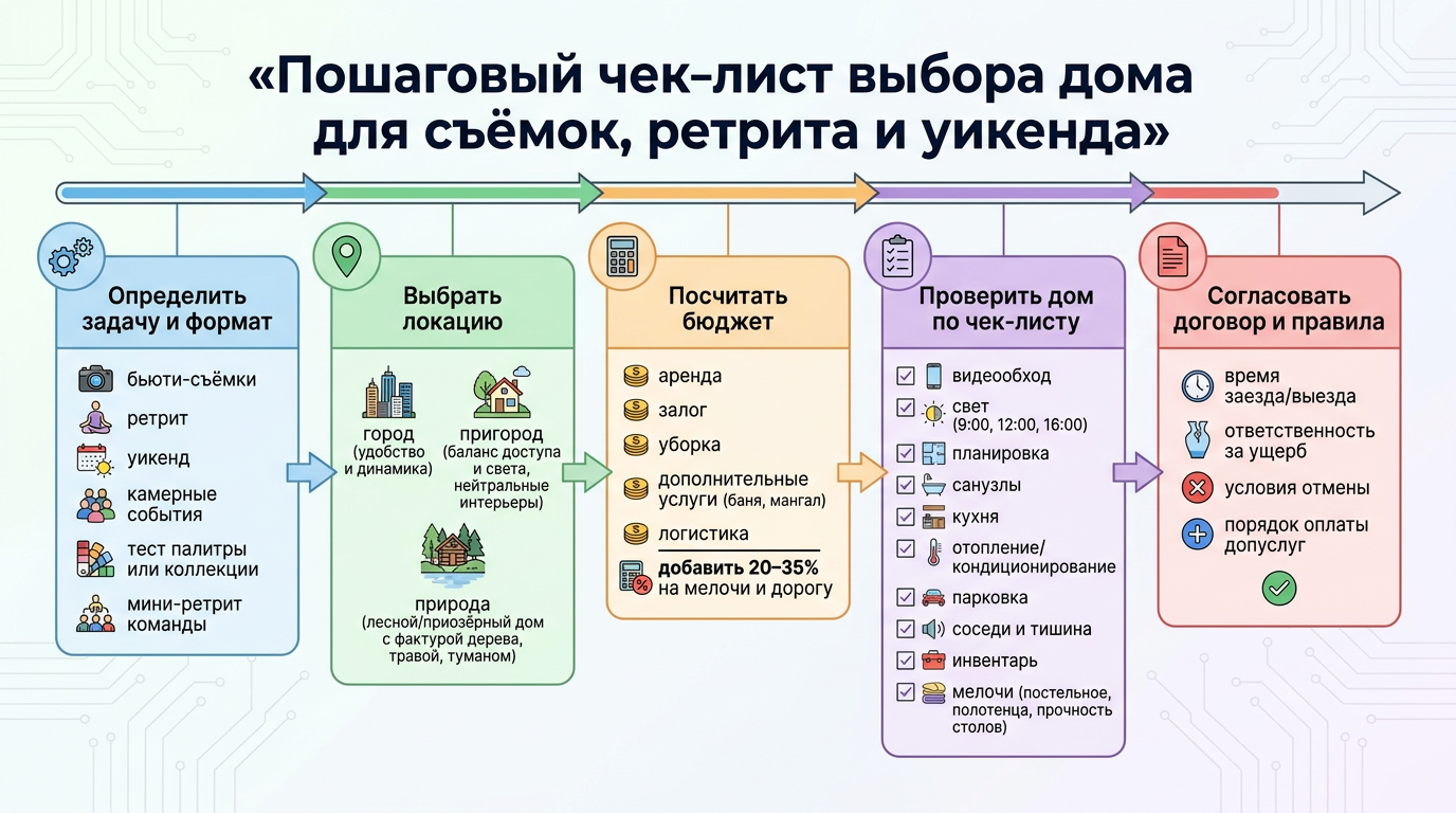 Пошаговый чек-лист выбора дома для съемок, ретрита, уикенда